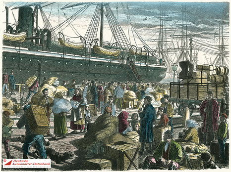 Abfahrt eines Auswandererschiffs, um 1880
