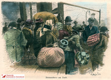 Auswanderer an Bord, Holzstich von 1870