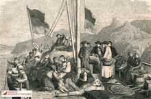 Auswanderer auf dem Rhein, Holzstich von 1864